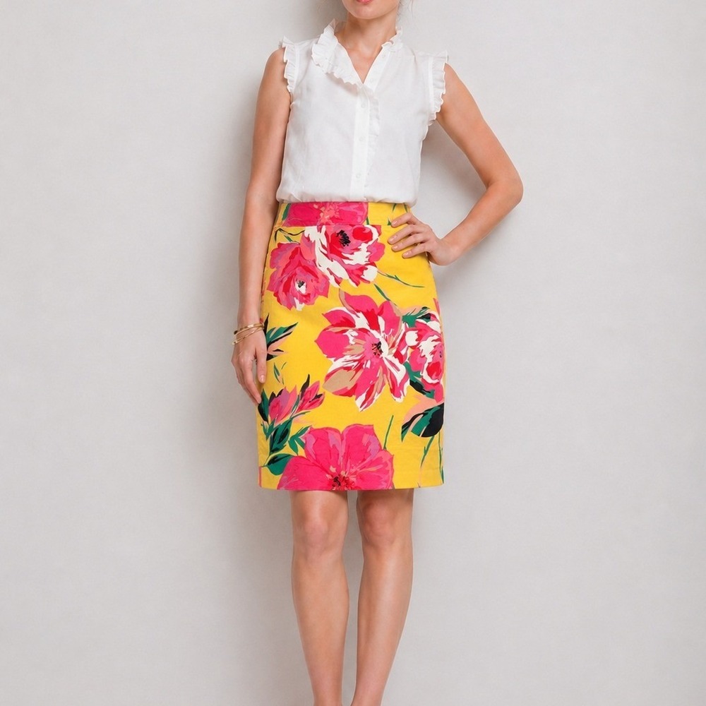 Ann Taylor Yellow Pink Floral Cotton Pencil Skirt Size 4 Career Summer Bold